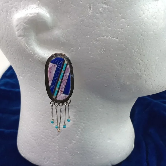 Vintage Native American Multi Stone On Sterling Silver Dangle Earrings Post - Picture 3 of 16